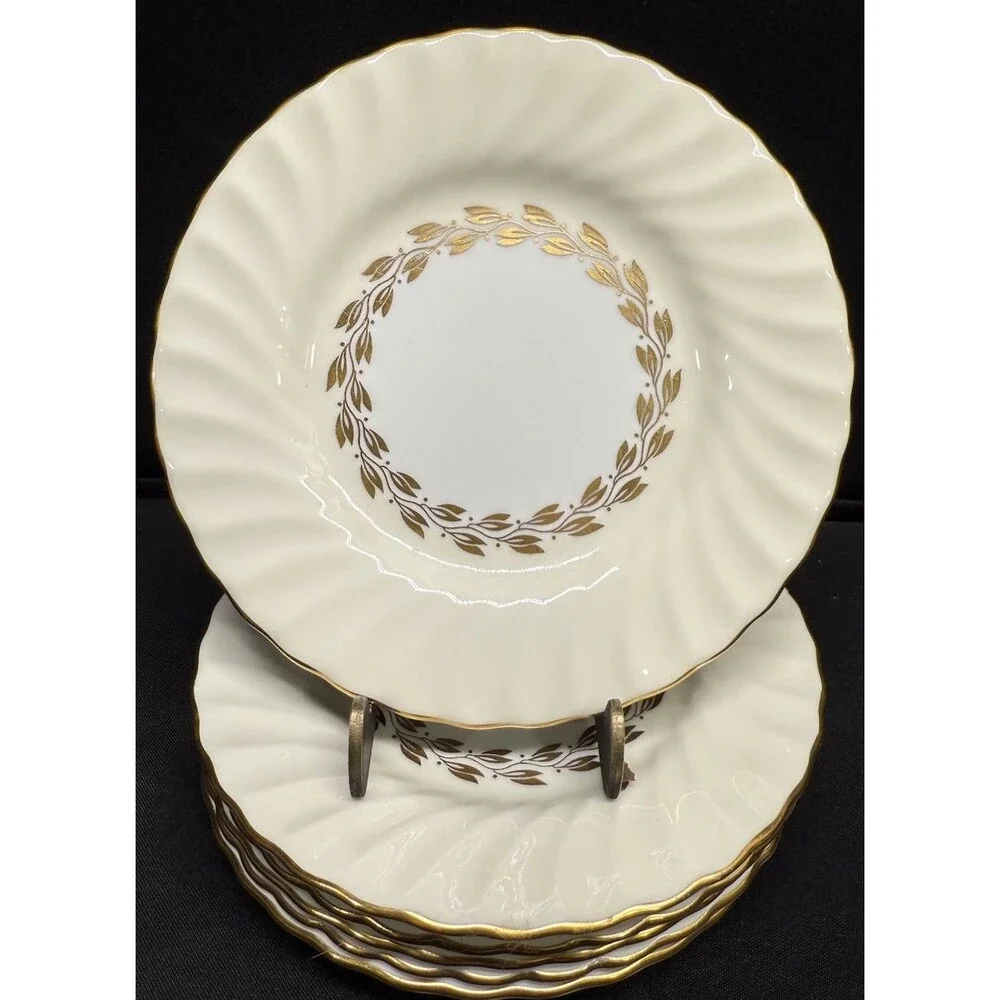 Set of 7 Minton Bone China Cheviot Gold leaf round Bread Plates 6.25” England